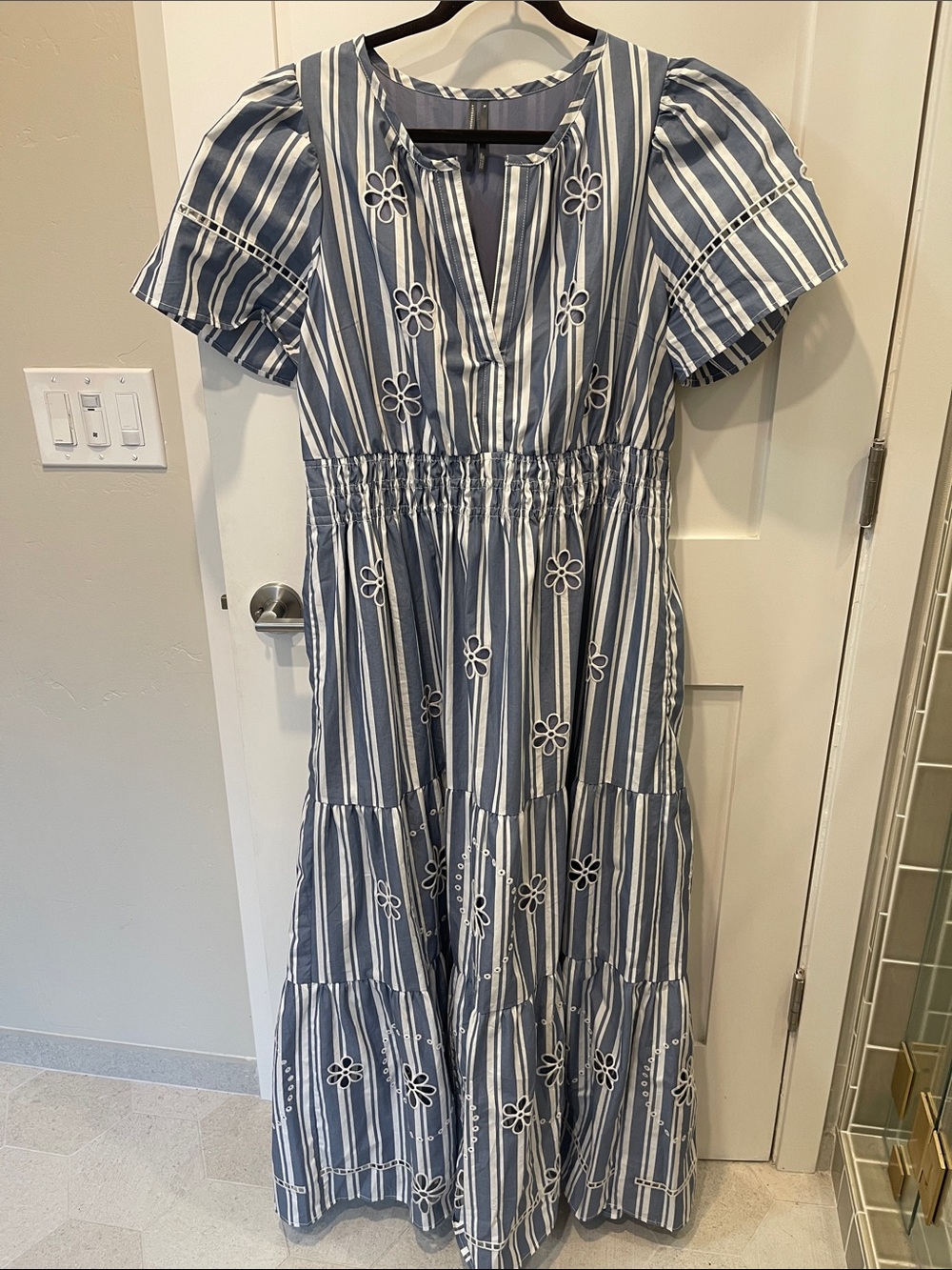 Anthropologie Blue & White Striped Embroidered Maxi Dress